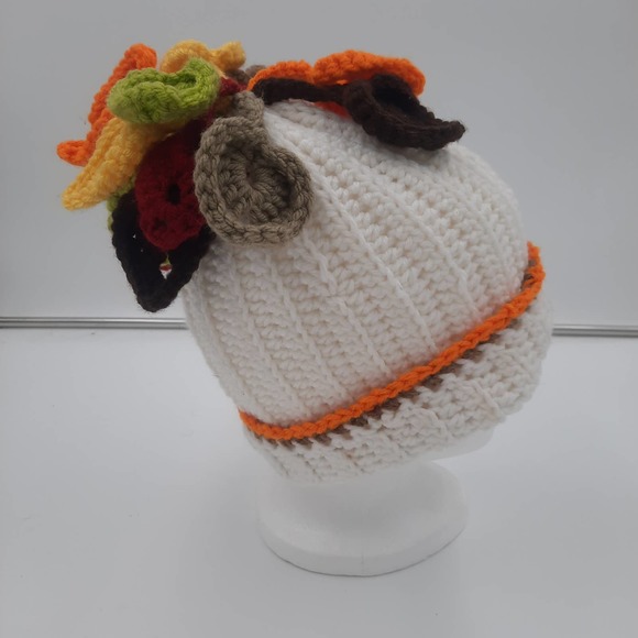 Handmade Ribbed beanie hat w/fall leaves in Orange Yellow Lime Green Brown Burg - Picture 1 of 5
